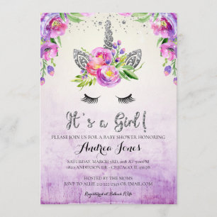 Silver Glitter Floral Unicorn Baby Shower Invite