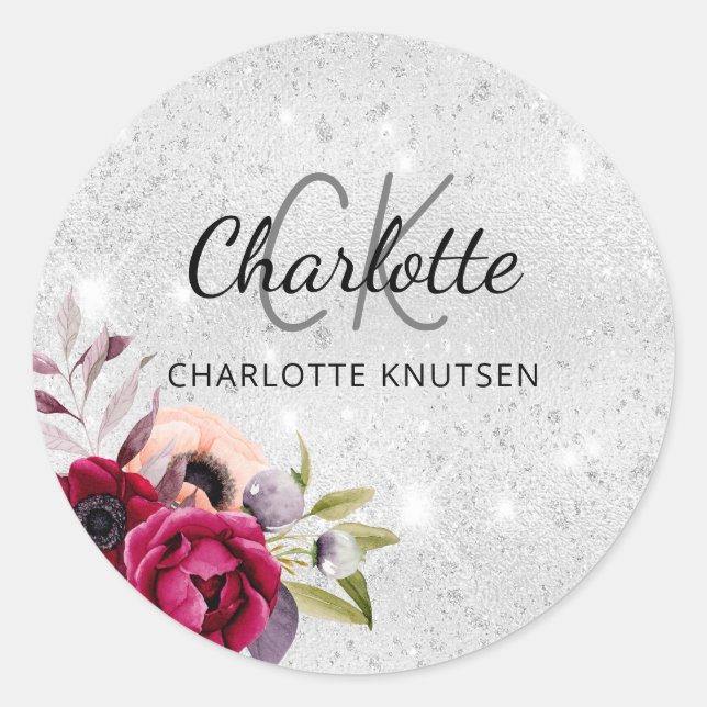 Silver glitter florals burgundy monogram name classic round sticker (Front)