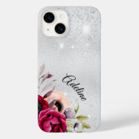 Silver glitter flowers burgundy name