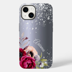 Silver glitter flowers burgundy name Case-Mate iPhone 14 case