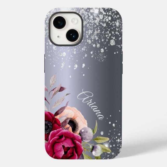 Silver glitter flowers burgundy name Case-Mate iPhone case (Back)