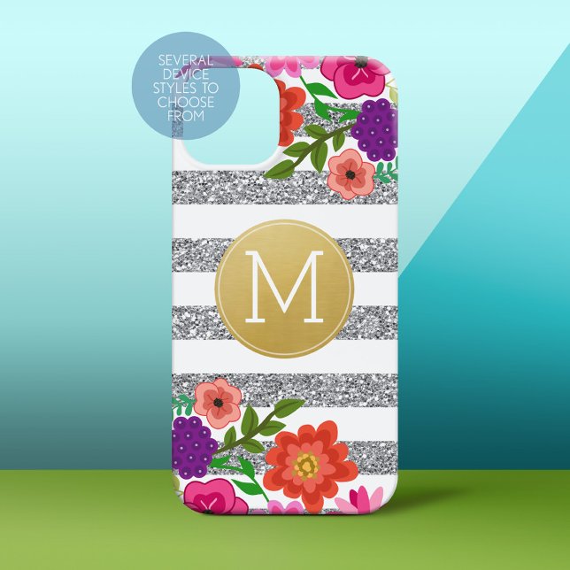 Silver Glitter, Flowers, Stripes, Gold Monogram (Personalized Phone Case)