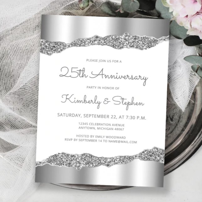 Silver Glitter Foil Edge 25th Anniversary Invite Postcard (Creator Uploaded)