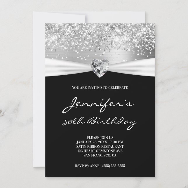 Silver Glitter Foil Gem Heart 50th Birthday Invitation (Front)