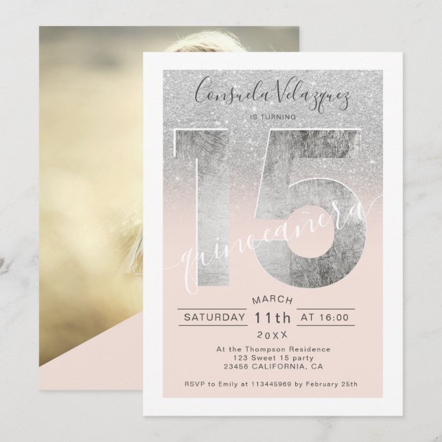 Silver glitter foil script blush quinceanera photo invitation (Front/Back)
