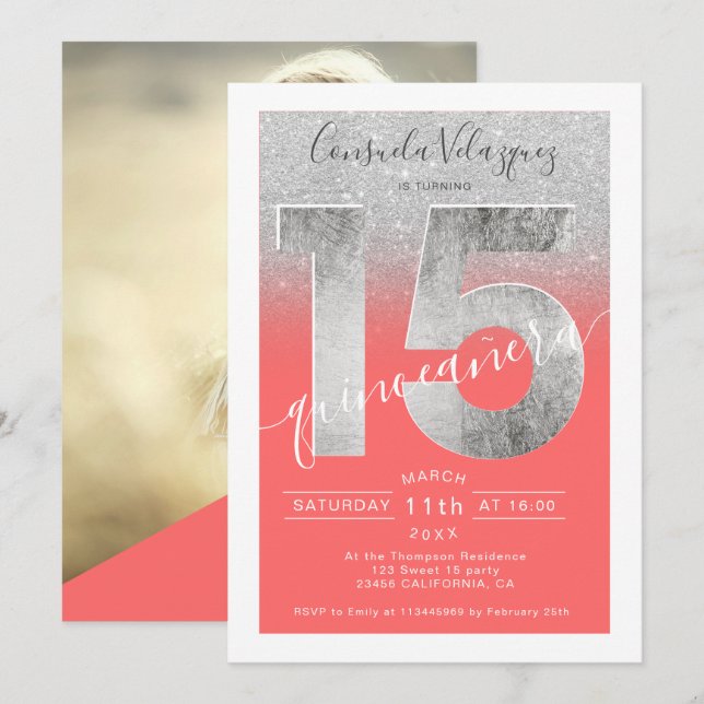 Silver glitter foil script coral quinceanera photo invitation (Front/Back)