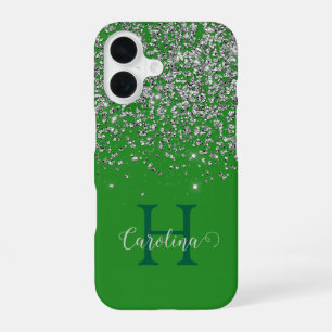 Silver Glitter, Forest Green, Personalised. iPhone 16 Case