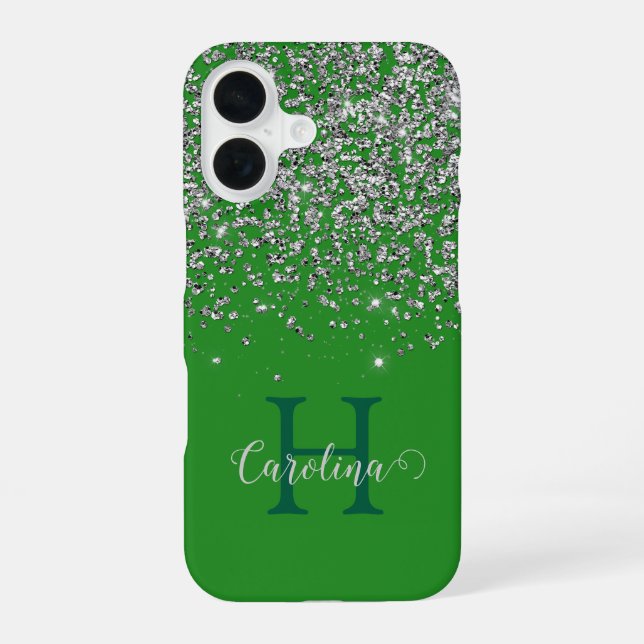 Silver Glitter, Forest Green, Personalised. iPhone 16 Case (Back)