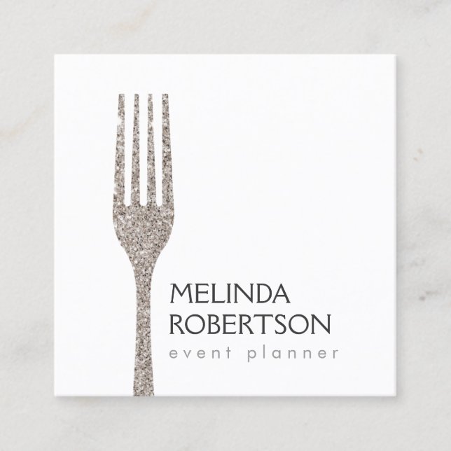 Silver Glitter Fork Event Planner Square Business Card (Front)