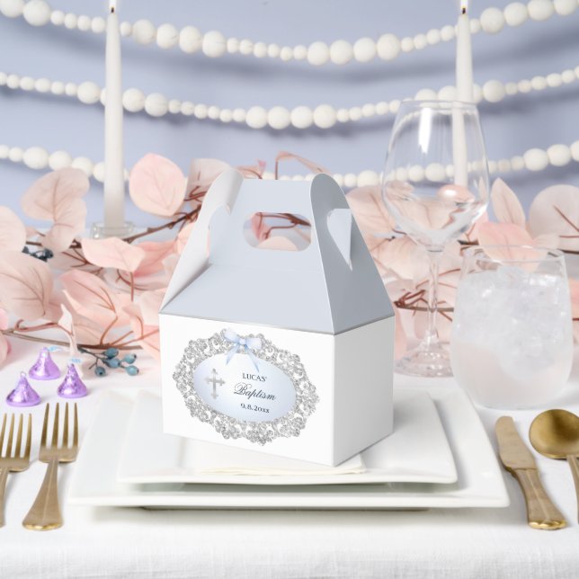 Silver Glitter Frame Blue Bow Baptism Big Gable Favour Box (Wedding)
