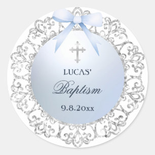Silver Glitter Frame Blue Bow Baptism Classic Round Sticker