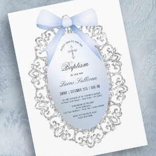 Silver Glitter Frame Blue Bow Baptism Invitation