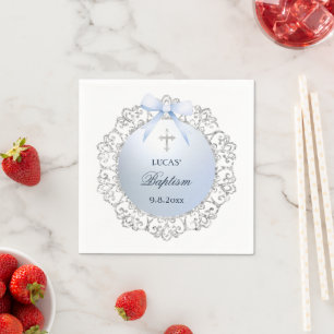 Silver Glitter Frame Blue Bow Baptism Napkin