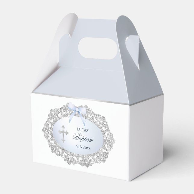 Silver Glitter Frame Blue Bow Baptism Small Gable Favour Box (Front Side)