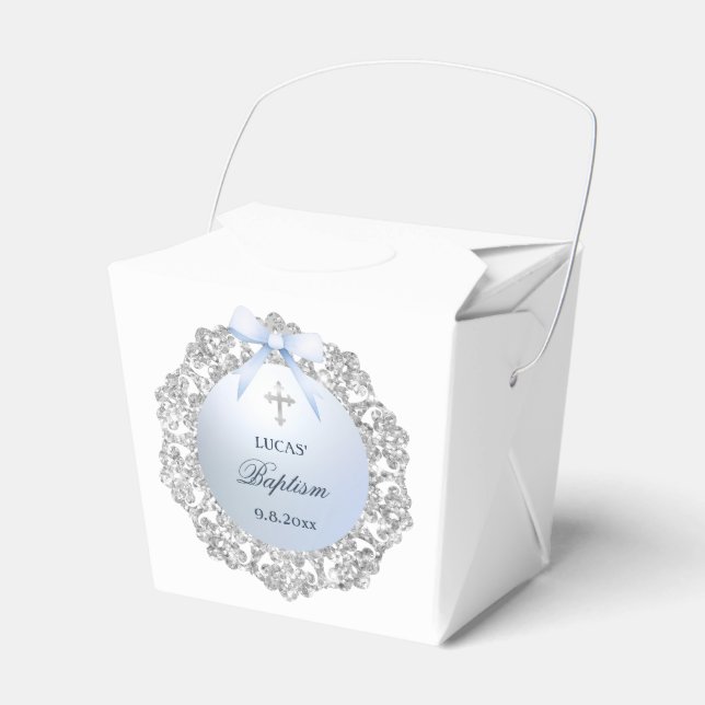 Silver Glitter Frame Blue Bow Baptism Take Out Favour Box (Front Side)