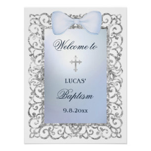 Silver Glitter Frame Blue Bow Baptism Welcome Poster