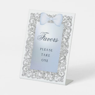 Silver Glitter Frame Blue Bow Favours Pedestal Sign
