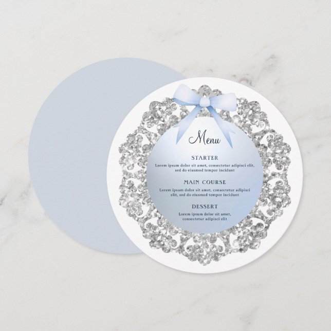 Silver Glitter Frame Blue Bow Round Menu (Front/Back)