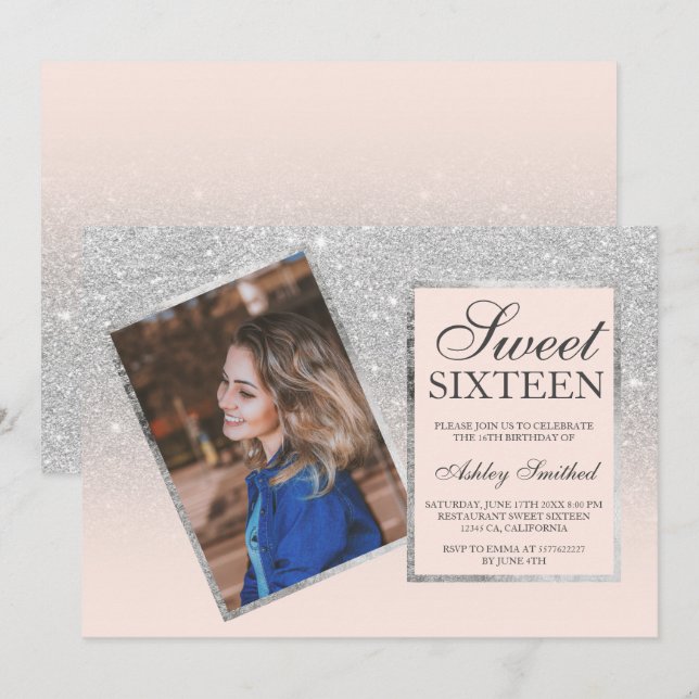 Silver glitter frame blush ombre photo Sweet 16 Invitation (Front/Back)