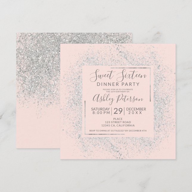 Silver glitter frame chic  blush pink sweet 16 invitation (Front/Back)