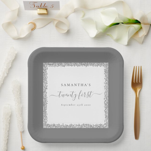Silver Glitter Frame Name Date 21st Birthday Paper Plate (Wedding)