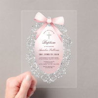 Silver Glitter Frame Pink Bow Baptism