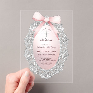 Silver Glitter Frame Pink Bow Baptism Acrylic Invitations