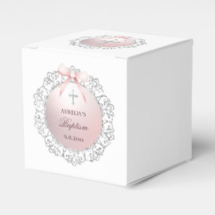 Silver Glitter Frame Pink Bow Baptism Cube Favour Box