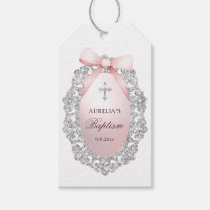 Silver Glitter Frame Pink Bow Baptism Gift Tags