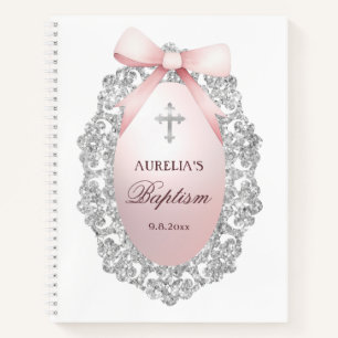 Silver Glitter Frame Pink Bow Baptism Guest Book