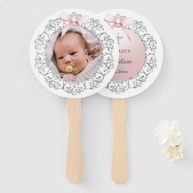 Silver Glitter Frame Pink Bow Baptism Hand Fan (Front and Back)