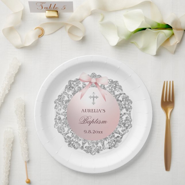 Silver Glitter Frame Pink Bow Baptism Paper Plate (Wedding)