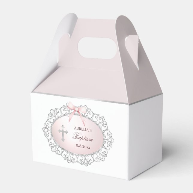 Silver Glitter Frame Pink Bow Baptism Small Gable Favour Box (Front Side)
