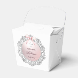 Silver Glitter Frame Pink Bow Baptism Take Out Favour Box