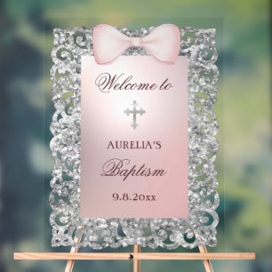 Silver Glitter Frame Pink Bow Baptism Welcome Acrylic Sign