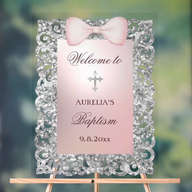 Silver Glitter Frame Pink Bow Baptism Welcome Acrylic Sign (Neutral)