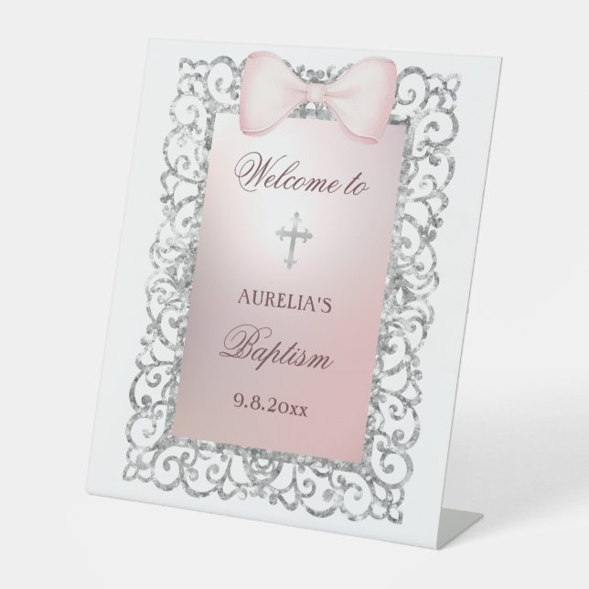 Silver Glitter Frame Pink Bow Baptism Welcome Pedestal Sign (Front)
