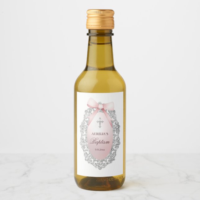 Silver Glitter Frame Pink Bow Baptism Wine Label (Front)