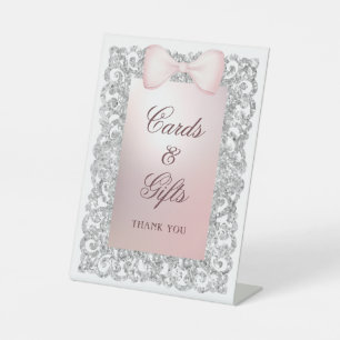 Silver Glitter Frame Pink Bow Cards & Gifts Pedestal Sign