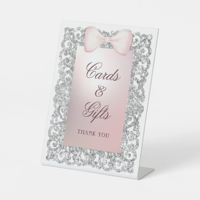 Silver Glitter Frame Pink Bow Cards & Gifts Pedestal Sign (Front)
