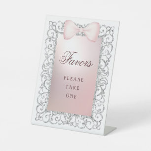 Silver Glitter Frame Pink Bow Favors Pedestal Sign