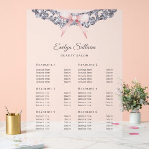 Silver Glitter Frame Pink Bow Price List Acrylic Sign