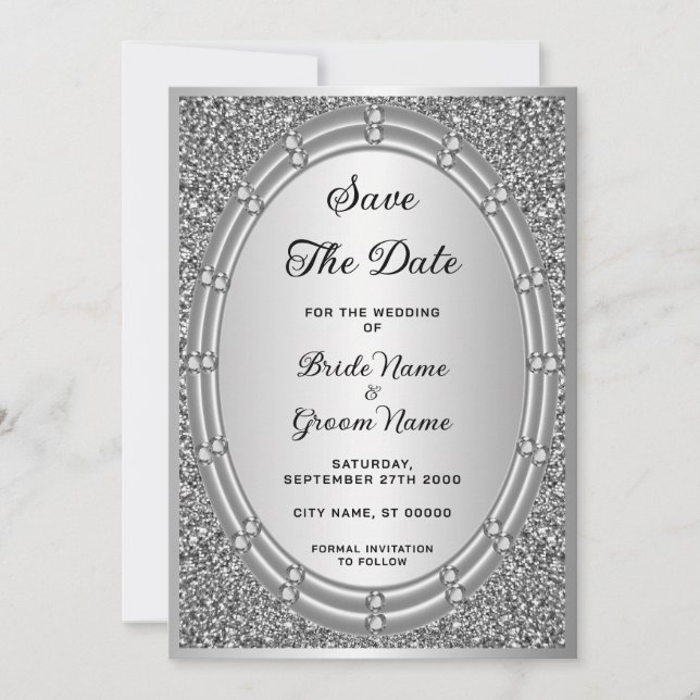 Silver Glitter Frame Save The Date (Front)