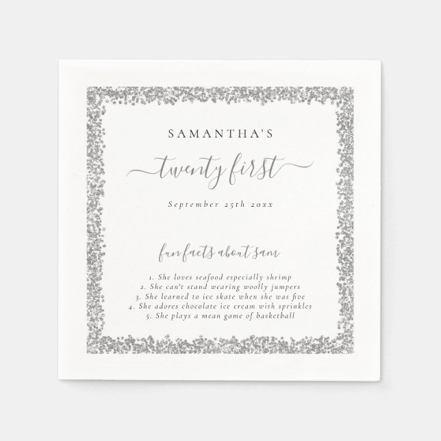 Silver Glitter Fun Facts Name Date 21st Party Napkin (Front)