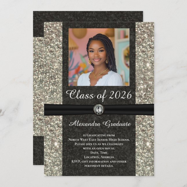 Silver Glitter Gem Photo Class of 2025 Graduation Invitation (Front/Back)