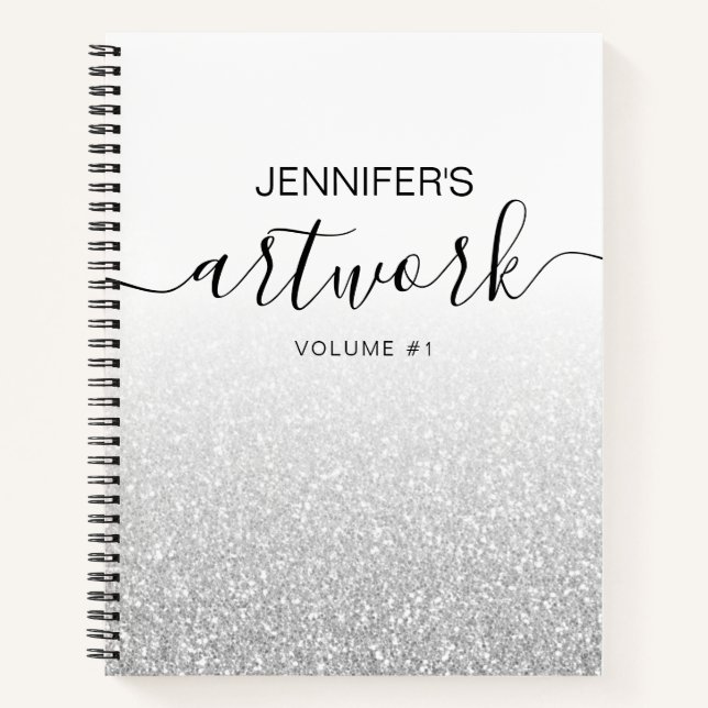 Silver Glitter Girly Ombre Sketchbook Name Notebook (Front)
