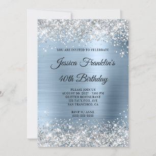 Silver Glitter Girly Pale Blue Foil 40th Birthday Invitation