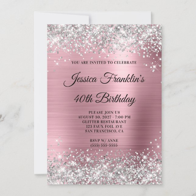 Silver Glitter Girly Pink Foil 40th Birthday Invitation (Front)