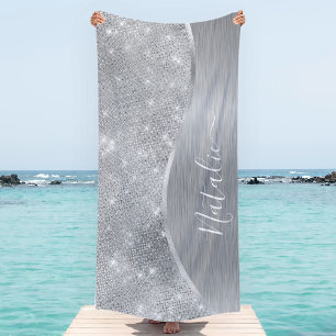 Silver Glitter Glam Bling Personalised Metallic Beach Towel