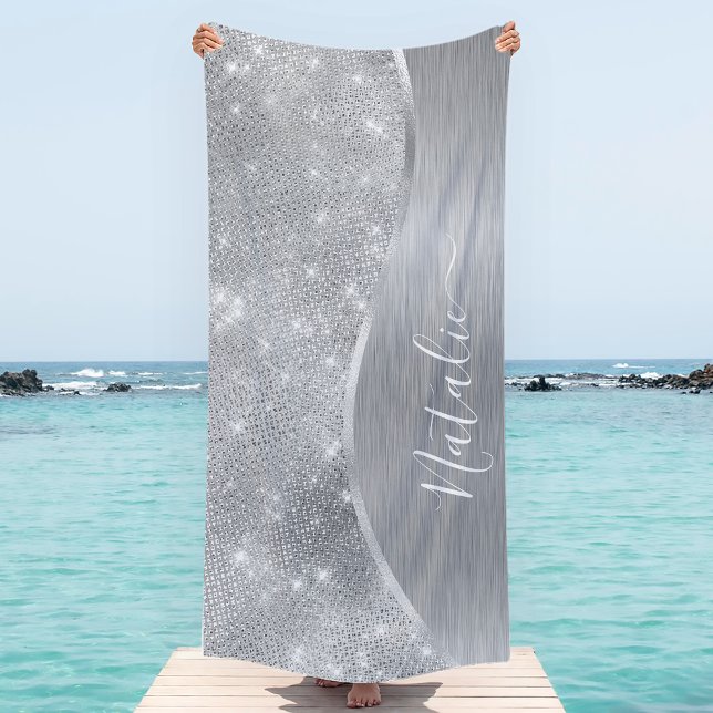 Silver Glitter Glam Bling Personalised Metallic Beach Towel (You’ll feel like a star with this personalized beach towel that shines in silver glitter.)